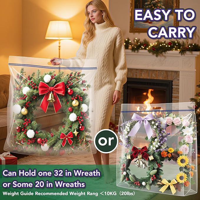 Extra Large Clear Wreath Storage Plastic Bag with Handle For Halloween Summer Christmas Decoration or Clothing Blanket Comforters Bed Sheets Pillows, 4 Pack, 34"x34"x8.5"