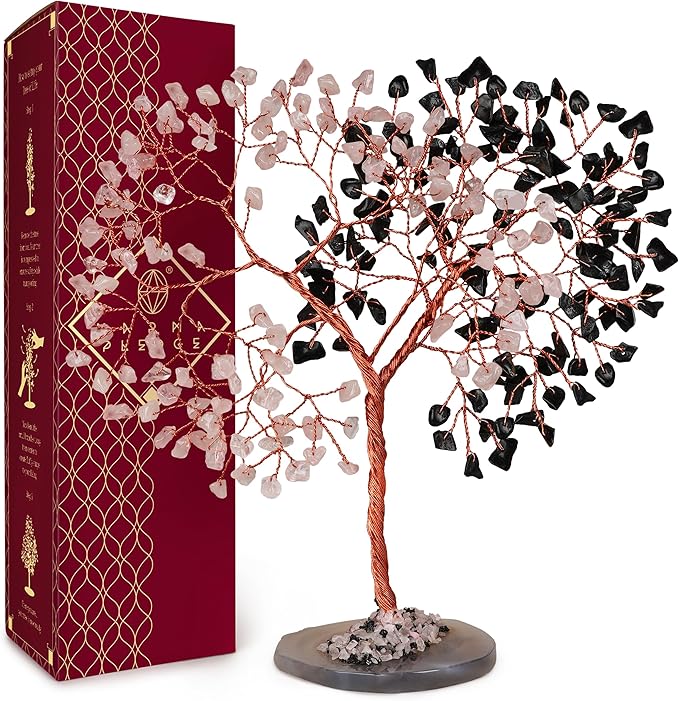 Handmade Healing Crystal Tree of Life Black Obsidian & Rose Quartz Chakra Tree for Money, Good Luck, Feng Shui Home Decor, Living Room Office Deocration, Unique Birthday Gifts for Women, Men, Mom