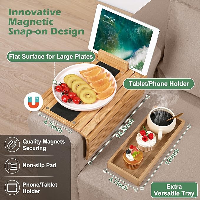 Joy&Grace Couch Arm Tray, 3-in-1 Magnetic Detachable Sofa Arm Table with Phone and Tablet Holder Bamboo Couch Cup Holder, Foldable Sofa Armrest Tray for Eating, Drinks, Phones (Natural)