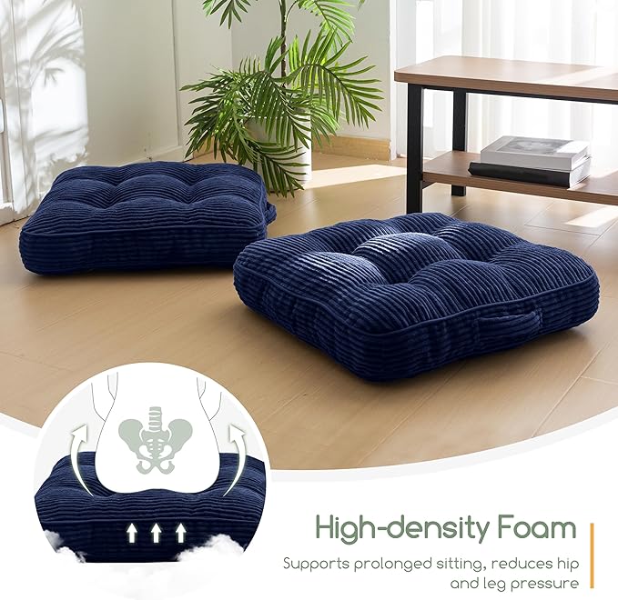 HIGOGOGO Floor Pillow Cushion for Adults, Meditation Cushion Pillow, Large Square Floor Sitting, Tufted Corduroy Cover, for Tatami Living Room or Yoga, 22x22 Inch, Navy
