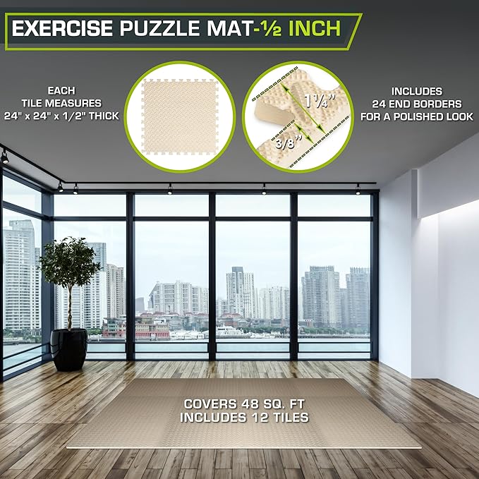ProsourceFit Exercise Puzzle Mat ½-inch, EVA Interlocking Foam Floor Tiles for Home Gym, Workout Equipment, Kids Play Areas, Beige, 48 Sq Ft - 12 Tiles