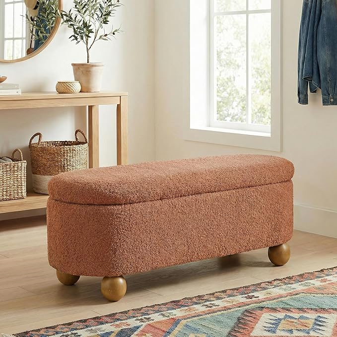 VKNOW 44.8" Storage Ottoman Bench End of Bed Bench, Thickened Upholstered Blanket Chest for Living Room, Entryway Bench with Cute Spherical Solid Wood Stool Legs for Bedroom, Orange