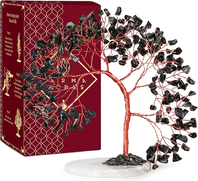 Crystal Tree of Life for Home, Office, Room, Wall Decor to Bring Money & Good Luck, Handmade Black Obsidian Healing Chakra Tree Unique Birthday Gifts for Women, Men, Mom & Dad