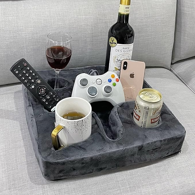 Couch and Bed Cup Holder Pillow, Sofa Refreshment Tray for Drinks/Remote Control/Snacks Holder (Gray)