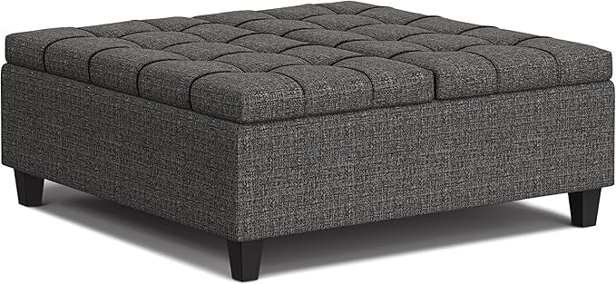 SIMPLIHOME Harrison Large Coffee Table Storage Ottoman - 40 inch Wide Upholstered Tweed Look Fabric Square Lift-Top Ottoman in Ebony, Transitional Bench for Living Room with Sturdy Base