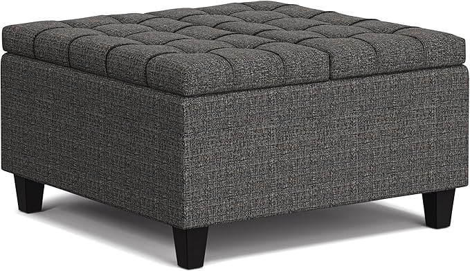 SIMPLIHOME Harrison Small Coffee Table Storage Ottoman - 30 inch Wide Upholstered Tweed Look Fabric Square Lift-Top Ottoman in Ebony, Transitional Ottoman for Living Room with Hidden Storage