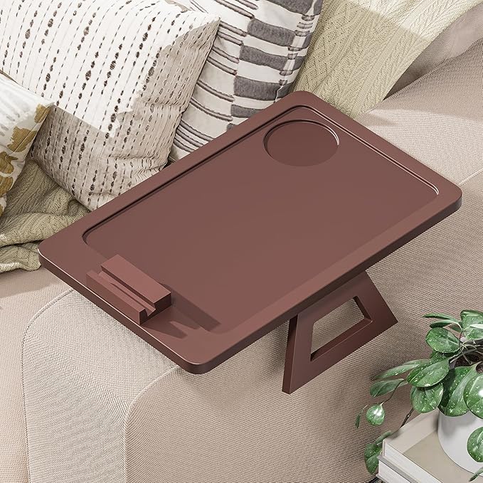Bamboo Sofa Tray,Couch Arm Table, Clip-On Armrest Tray Table for Wide Couch Foldable Tray with 360° Phone Holder Couch Arm Tray for Eating/Drinks/Snacks/Remote，Brown