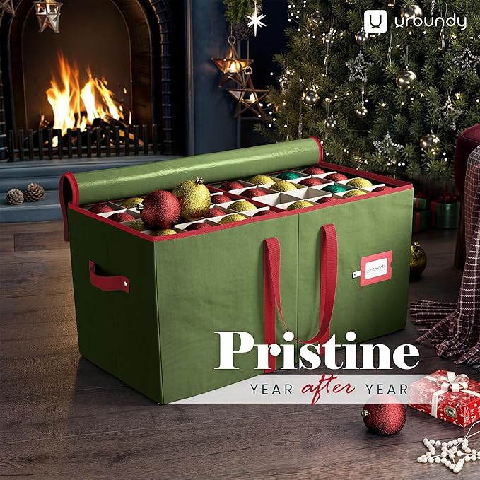 Christmas Ornament Storage Box - Green, Fits 128 Ornaments - Organizer With Dividers & Handles