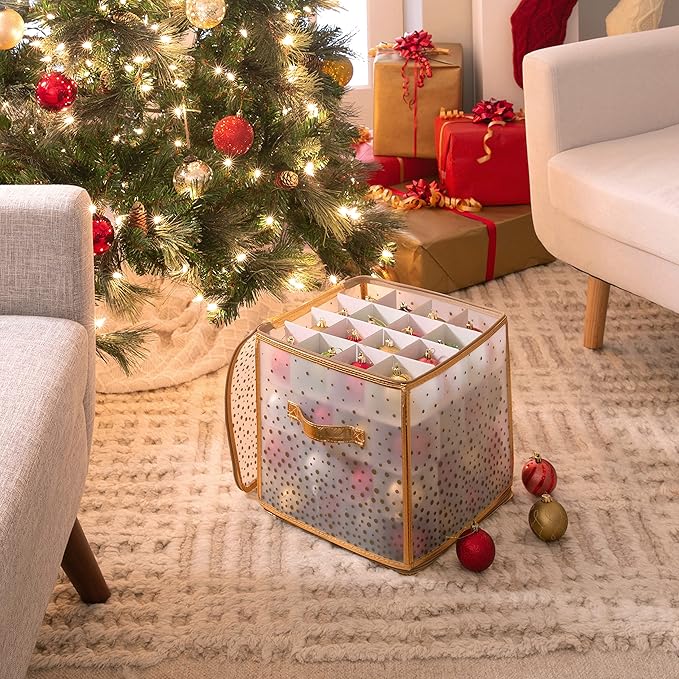 Simplify 64 Count Ornament Storage Box | Plastic | Decorative Organizer | Storage Bin | Gold | L12 x W12 x H12 (Pack of 2)