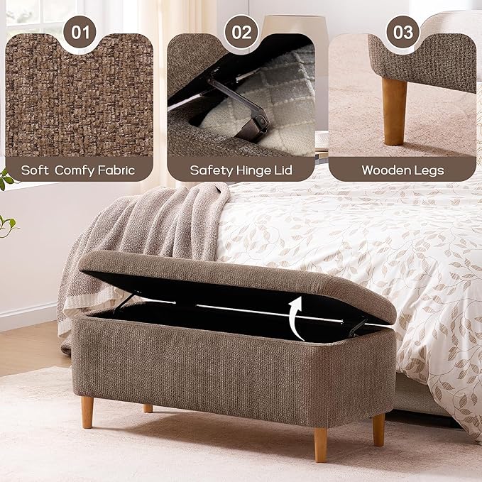 39.4”Ottoman with Storage Set of 2,Upholstered Comfy Storage Bench Ottoman with Wooden Legs,End of Bed Bench Footstool for Hallway Entryway Bedroom Living Room Corner Brown