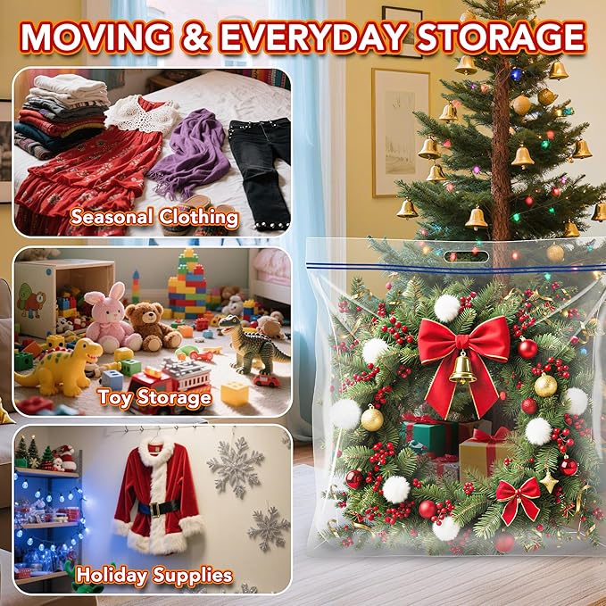 Extra Large Clear Wreath Storage Plastic Bag with Handle For Halloween Summer Christmas Decoration or Clothing Blanket Comforters Bed Sheets Pillows, 4 Pack, 34"x34"x8.5"