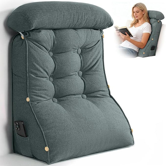 23" H Bed Wedge Reading Pillow with Adjustable Headrest, Reading Pillow for Sitting in Bed Couch Adult Backrest Pillow for Neck Back Lumbar Support with Removable Washable Cover Dark Gray
