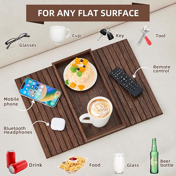 LOVYANXUE Couch Arm Tray, Anti-Falling Bamboo Sofa Armrest Tray Table, Foldable & Portable Armrest Tray Cup Holder Side Table for Drinks, Coffee, Phone, Snacks, Remote