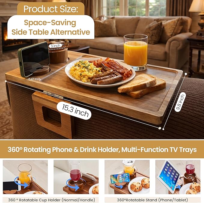 Acacia Wood Sofa Armrest Tray Table with Cup Holder & Phone Stand – 3-in-1 Clip-On Couch Arm Tray Table, Rotating Drink & Phone Holder for Couch, Sofa & Living Room