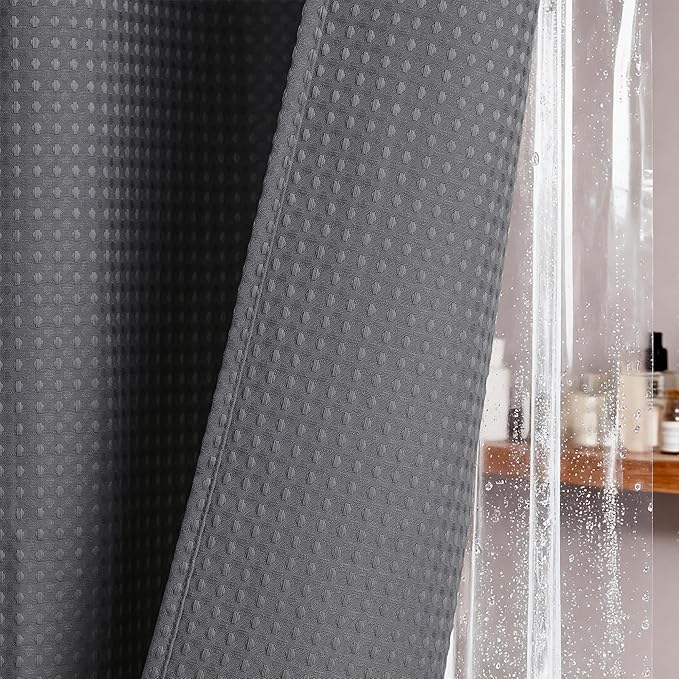 Dynamene Charcoal Grey Shower Curtain and Liner Set, Waffle Weave Fabric, Waterproof Clear Liner, 256GSM Heavy Duty Weighted Hotel Luxury Shower Curtains for Bathroom with 12 Plastic Hooks, 72Wx72H