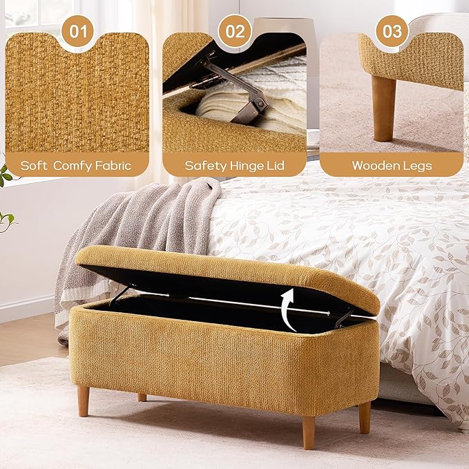 39.4”Ottoman with Storage Set of 2,Upholstered Comfy Storage Bench Ottoman with Wooden Legs,End of Bed Bench Footstool for Hallway Entryway Bedroom Living Room Corner Yellow