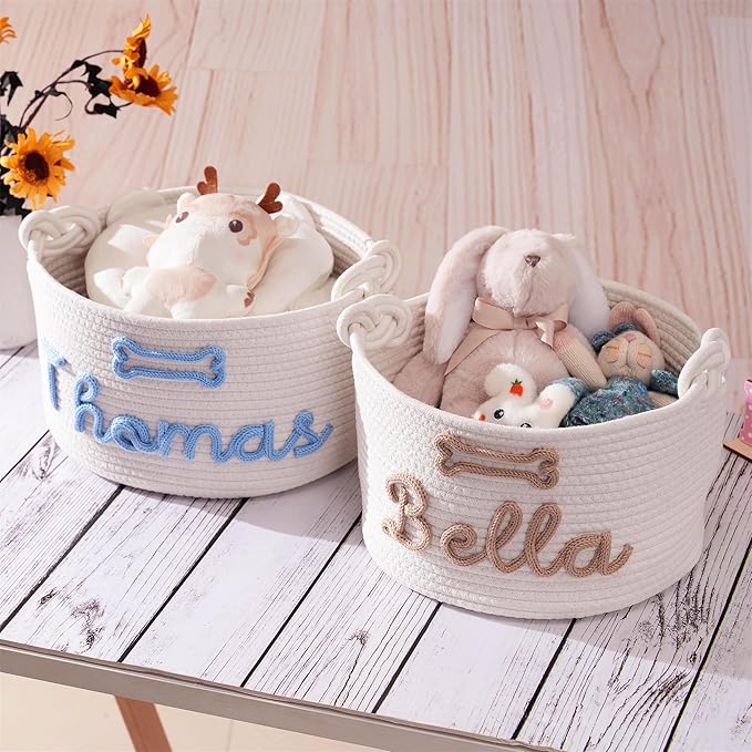 FKOG Hand Personalized Cotton Rope Storage Basket, Custom Pet Dog or Cat Name Basket Organizer, Pet Dog Gift Basket, Puppy Toy Bag (Black Pet Basket)