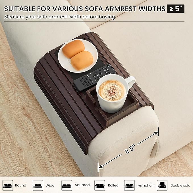 LOVYANXUE Bamboo Couch Cup Holder, Foldable Sofa Arm Tray, Anti-Slip Couch Aremrest Tray Table for Drink, Cup, Remote, Snacks, Cellphone, Portable, Mahogany