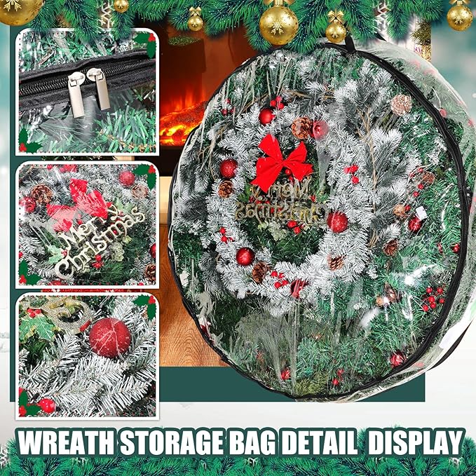 Shappy 10 Pcs 36 Inch Back to School Wreath Storage Container Clear Wreath Storage Bags PVC Waterproof Garland Bags with Clear Window Dual Zippers and Handles for Holiday Artificial Garland (Black)