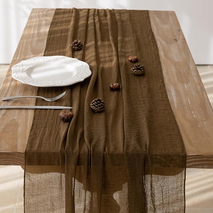 Keketoarrange Coffee Tan Gauze Rustic Cheesecloth Table Runner 120 Inch 10 FT for Wedding Baby Shower Bridal Shower Birthday Engagement Garden Outdoor Party Long Sheer Boho Decorations
