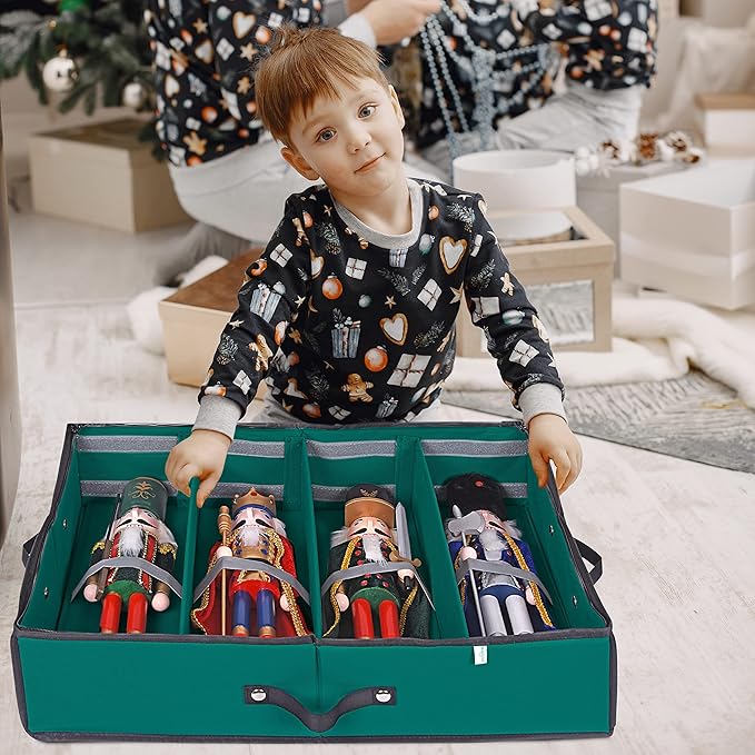ProPik 2 Pack Christmas Figures Storage Box | Each Holds 4 Holiday Figurines up to 16” | Adjustable Nutcracker Decor Ornament Storage Container | Xmas Decorations Accessories Boxes (Green)