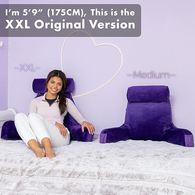 Husband Pillow Medium Reading Pillow with Arms - 23" Backrest for Sitting Up in Bed - Firm Support Bed Rest Pillow for Adults, Neck Roll, Removable Cover - TV, Reading, Lounging - Purple