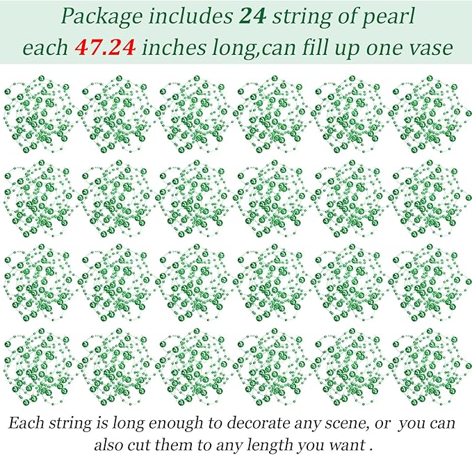 Tondiamo 24 Pcs Artificial Pearl String for Floating Candle Faux Pearls Beads String Garland Centerpiece Decoration for Vases Filler Wedding Spring Holiday Party Decor(Green)