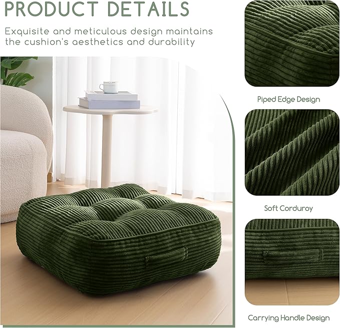 HIGOGOGO 8" Extra Thick Floor Pillow Cushion for Adults, Meditation Cushion Pillow, Large Square Floor Sitting, Tufted Corduroy Cover, for Tatami Living Room or Yoga, 22x22 Inch, 2Pack, Dark Green