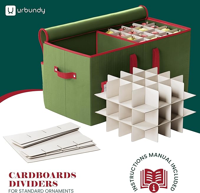 Christmas Ornament Storage Box - Green, Fits 128 Ornaments - Organizer With Dividers & Handles