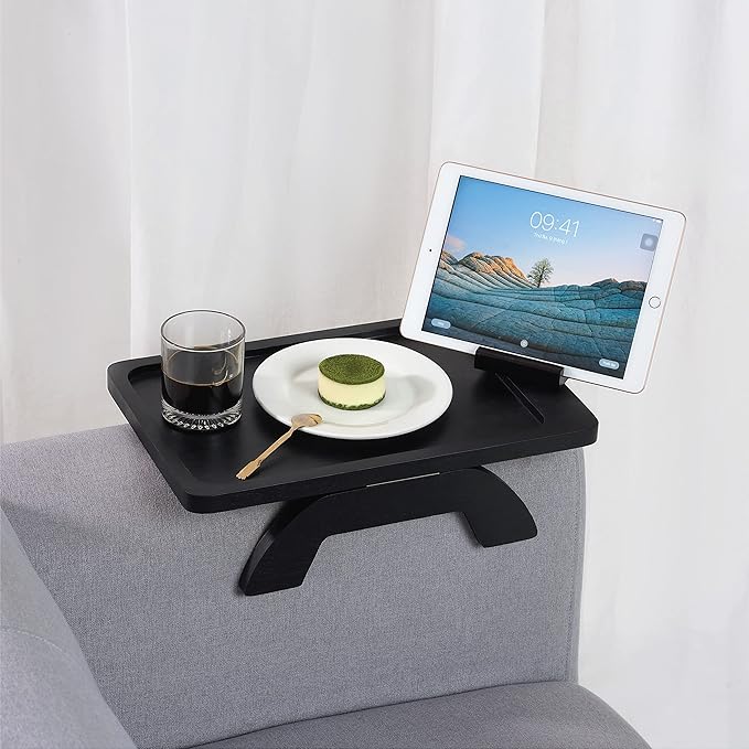 BLUEWEST Sofa Armrest Tray, Acacia Wood Couch Arm Clip on Tray Table with 360° Rotating Phone Holder –Fits Most Couch Arm Sizes–Non-Slip, Space-Saving Arm Table for TV Dinners, Remote, Drinks & Snacks