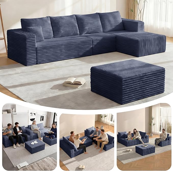 118" Modular Sectional Sofa, Boneless Compressed Sofa in a Box, U-Shaped Cloud Couch with Deep Seats & Chaise for Living Room, No Assembly Required (Blue, 118" U-Shape with Right Facing Chiase) | Boneless Compressed, Sofa in a Box, Cloud Couch, Deep Se...