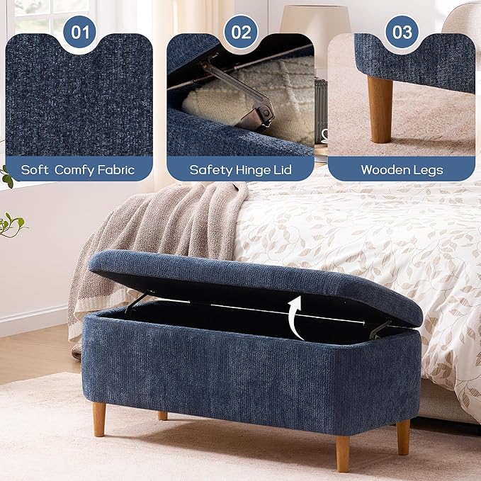 39.4”Ottoman with Storage,Upholstered Comfy Storage Bench Ottoman with Wooden Legs,End of Bed Bench Footstool for Hallway Entryway Bedroom Living Room Blue