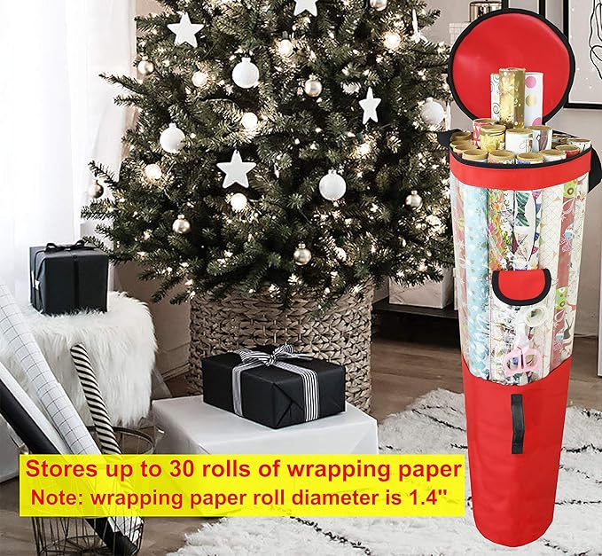 Freegrace Gift Warp Organizer | Large 9" x 40.9" Wrapping Paper Rolls Storage Bag | Tearproof & Space Saving Under Bed Gift Bag Organization (Red)