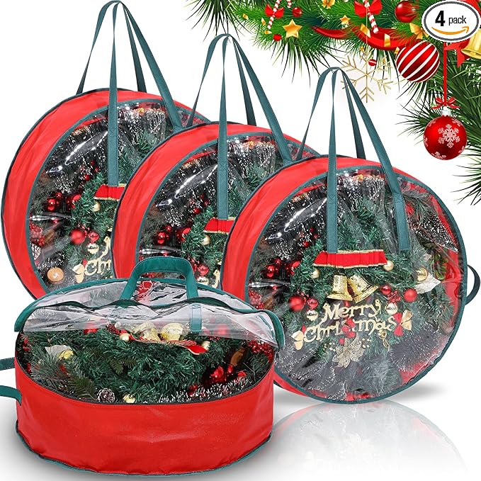 Shappy 4 Pcs Red Wreath Storage Bag Clear Wreath Box Storage Containers with Clear Window and Handle Garland Containers for Holiday Seasonal Bags (36 Inch)