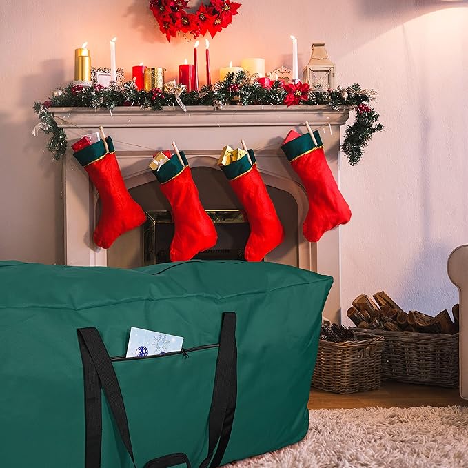 Primode Xmas Rolling Tree Storage Bag, Large Heavy Duty Storage Container, 22" Height X 16" Wide X 50" Long with 2 Wheels and Handles Fits Up to 7.5 Foot Tall Disassembled Holiday Tree (Green)