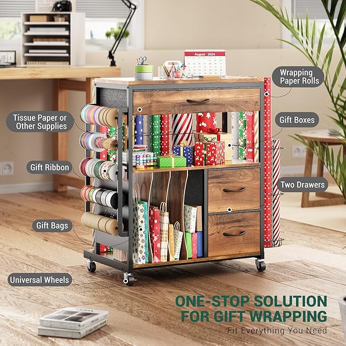 PUNLUXU Wrapping Paper Storage Cart, Rolling Gift Wrap Station with Ribbon and Gift Bag, Craft Organizer Holder, 04 MAX Patent Protected