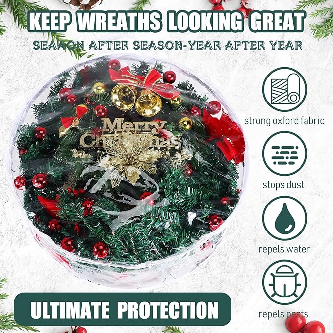 Zhengmy 15 Pcs 24 Inch Christmas Wreath Storage Bags Transparent Wreath Storage Container Bulk Wreaths Box with Dual Zippers and Handles for Xmas Holiday Wreaths Garland