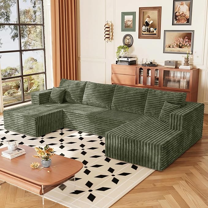 Boneless Couches Sectional Sofa, Compressed Sofa in a Box, U-Shaped Cloud Couch with Deep Seats & Chaise for Living Room, No Assembly Required (Green, 118" U-Shape with Right Facing Chiase) | Boneless Compressed, Sofa in a Box, Cloud Couch, Deep Seats,...
