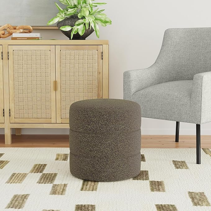 Spatial Order Upholstered Round Ottoman (No Lid, Seat Only) | Spatial Order Home Décor | Foot Rest Pouf – Dark Brown Boucle
