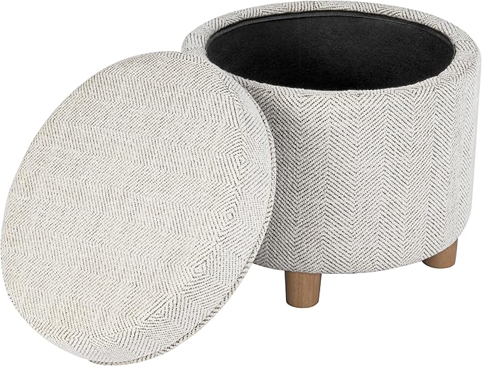 Homepop Home Decor | Upholstered Round Storage Ottoman | Ottoman with Storage for Living Room & Bedroom, Cream Chevron Woven