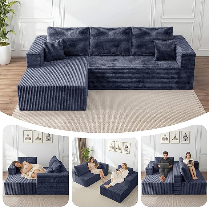 92.5" Modular Sectional Sofa, Boneless Compressed Sofa in a Box, L-Shaped Cloud Couch with Deep Seats & Chaise for Living Room, No Assembly Required (Blue, 92.5" L-Shape with Left Facing Chiase) | Boneless Compressed, Sofa in a Box, Cloud Couch, Deep S...