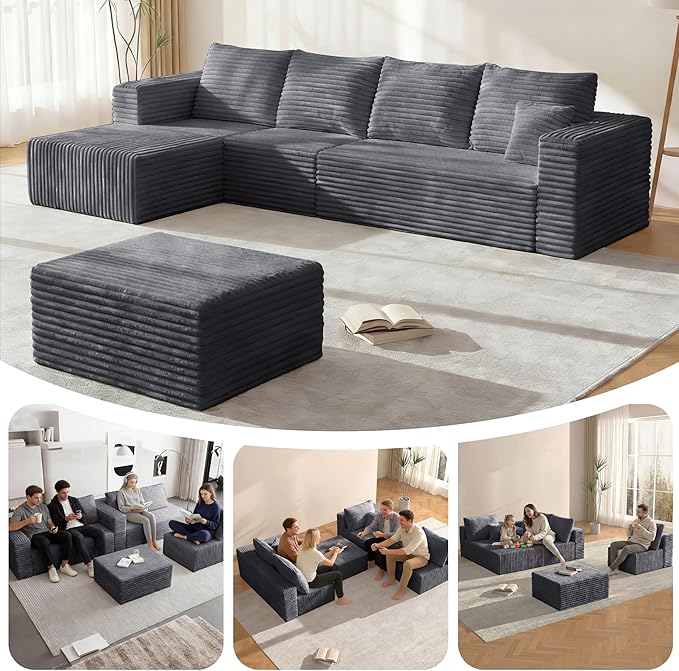 118" U Sectional Sofa, Boneless Compressed Sofa in a Box, U-Shaped Cloud Couch with Deep Seats & Chaise for Living Room, No Assembly Required (Drak Gray, 118" U-Shape with Left Facing Chiase) | Boneless Compressed, Sofa in a Box, Cloud Couch, Deep Seat...