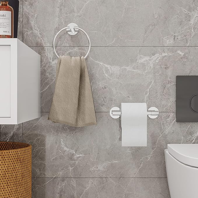 RARXTR Polished Finish Toilet Paper Holder & Towel Ring SUS304 Stainless Steel 2pc Bathroom Hardware Set with Double Post Pivoting Toilet Paper Roll Holder Wall Mount & Bathroom Towel Holder Set