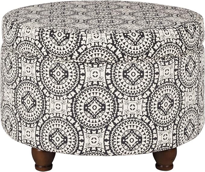 Homepop Home Decor | Upholstered Round Storage Ottoman | Ottoman with Storage for Living Room & Bedroom, Black and White Medallion Large