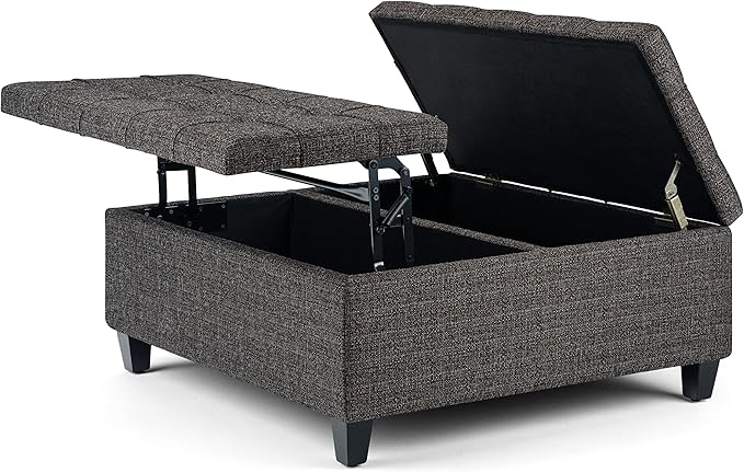 SIMPLIHOME Harrison Coffee Table Storage Ottoman - 36 inch Wide Upholstered Tweed Look Fabric Square Lift-Top Ottoman in Ebony, Transitional Ottoman for Living Room with Hidden Storage