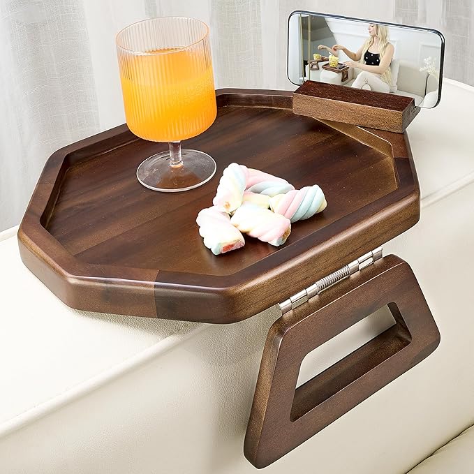 Tinamo Octagonal Acacia Sofa Arm Tray, Couch Armrest Table with Folding Arms - Armchair Caddy, Clip on Tray with Adjustable Arm Hinges for Home Sofa Living Room (Walnut, Octagon Phone Holder)