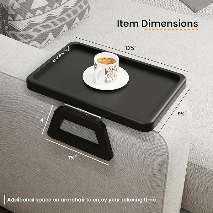 Tinamo Acacia Sofa Arm Tray, Rectangle Couch Armrest Table - Couch Accessories, Armchair Caddy, Clip on Tray for Home Sofa Living Room, Sofa Arm Table (Black, 13.75" D x 9.5" W x 1" H)