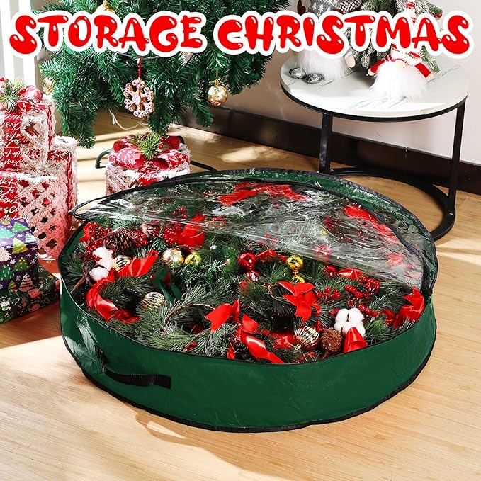 Aliceset 4 Pack Wreath Storage Containers, Ornament Garland Wreath Storage Bags with Handle Zipper Decorative Storages Box for Winter Valentine Wreaths(36 x 36 x 7.8 Inch,Green)