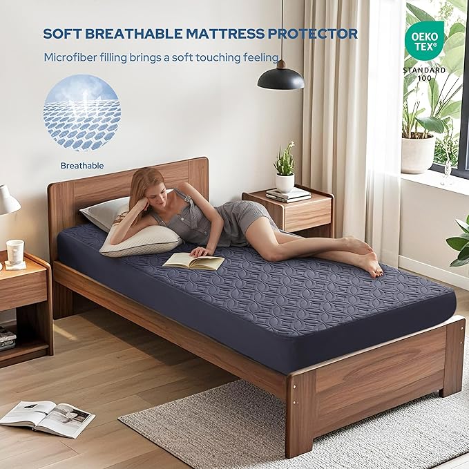 BEDLORE Waterproof Mattress Protector, Twin Size Mattress Pad with Deep Pocket 6"-15" Depth, Soft Dirt-Proof Double Bed Mattress Cover for Bedroom, College Dorm, Hotel (Navy Blue)
