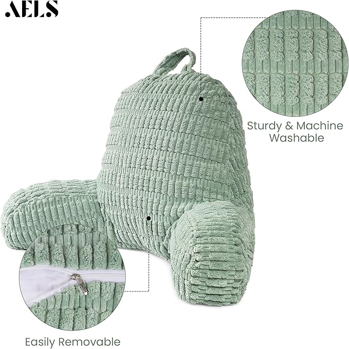 AELS Large Reading Pillow Replacement Cover with Arms and Pockets (Cover ONLY), 18" Soft Corduroy Striped Backrest Pillow Cover Fits Standard Size Reading Pillows, Sage Green
